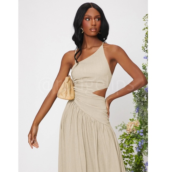 Linen Asymmetrical Beige Dress Cut Out Ruched Maxi Lace Up Back - Picture 6 of 8